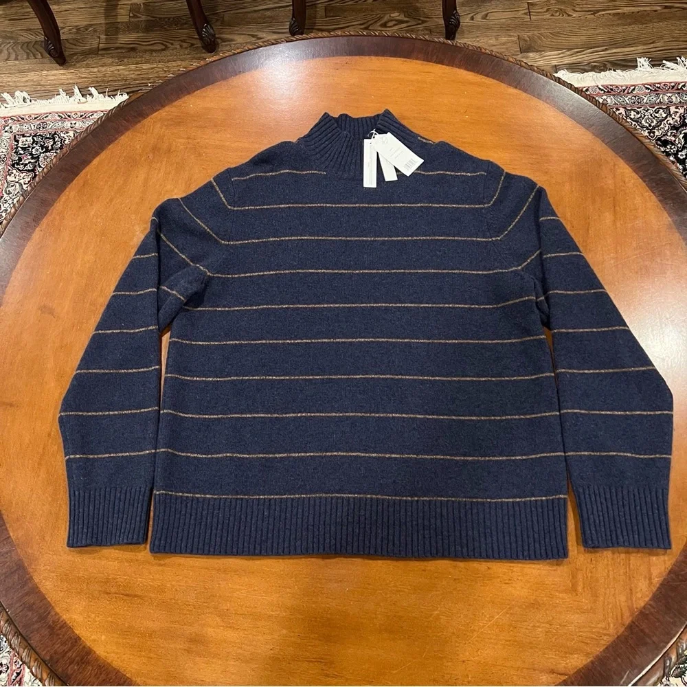 NEW $295 Vince Men’s‎ Wool Blend Striped Turtleneck Sweater Coastal Blue/Tan XL
